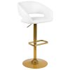 Erik Contemporary White Vinyl Adjustable Height Barstool with Rounded Mid-Back and Gold Base