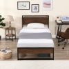 Twin Bed Frames with Wood Headboard and Footboard, Metal Platform Bed Frame with Storage No Box Spring Needed Sturdy Non-Slip Without Noise, Steel Sla