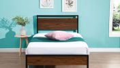 Twin Bed Frames with Wood Headboard and Footboard, Metal Platform Bed Frame with Storage No Box Spring Needed Sturdy Non-Slip Without Noise, Steel Sla