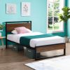 Twin Bed Frames with Wood Headboard and Footboard, Metal Platform Bed Frame with Storage No Box Spring Needed Sturdy Non-Slip Without Noise, Steel Sla