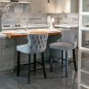 Contemporary Velvet Upholstered Wing-Back Barstools with Button Tufted Decoration and Wooden Legs;  and Chrome Nailhead Trim;  Leisure Style Bar Chair