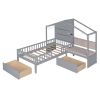 Twin Size House Bed with Upholstered Sofa, House Bed with Charging Station, Wireless Charging, Shelves and Two Drawers